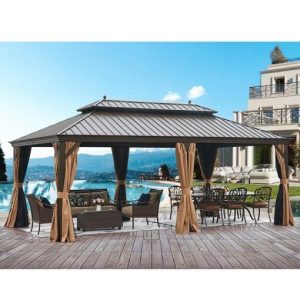 12’x20' Galvanized Steel Hardtop Gazebo Double-Roof Pergola with Netting Curtain