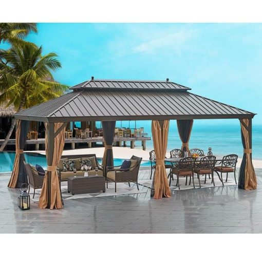 12’x20' Galvanized Steel Hardtop Gazebo Double-Roof Pergola with Netting Curtain - Image 2