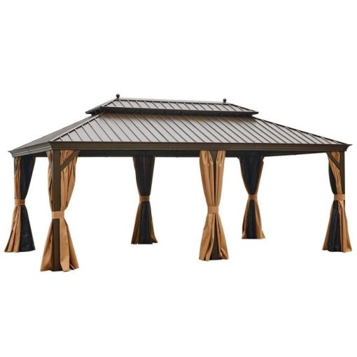 12’x20' Galvanized Steel Hardtop Gazebo Double-Roof Pergola with Netting Curtain - Image 3