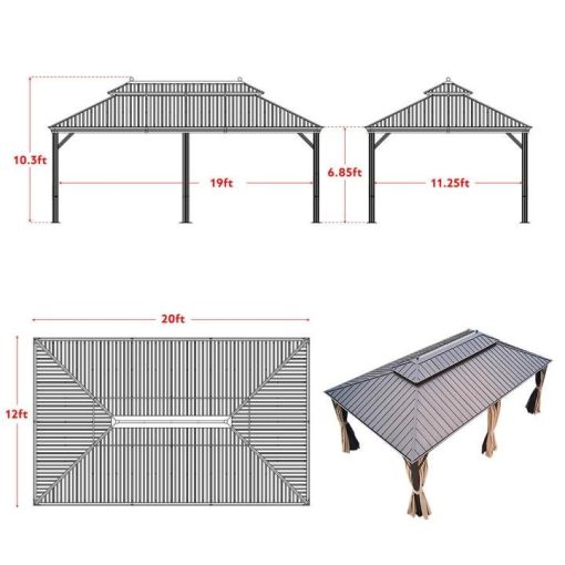 12’x20' Galvanized Steel Hardtop Gazebo Double-Roof Pergola with Netting Curtain - Image 4