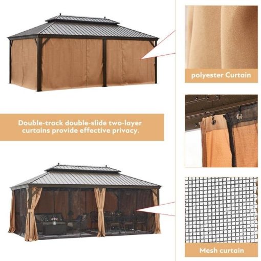12’x20' Galvanized Steel Hardtop Gazebo Double-Roof Pergola with Netting Curtain - Image 5