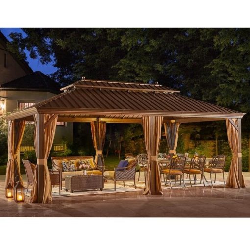 12’x20' Galvanized Steel Hardtop Gazebo Double-Roof Pergola with Netting Curtain - Image 9