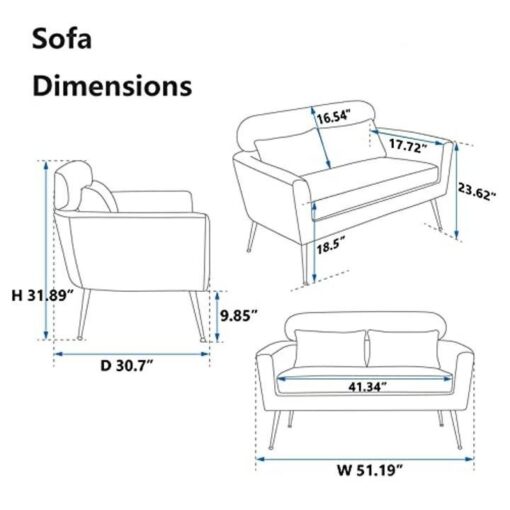Betoko Small Couch Sofa Two Seater Loveseat Mini Room Couch with 2 Throw Pillows and Gold Metal Legs for Small Space Office Studio Apartments Bedroom, Yellow - Image 2