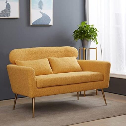 Betoko Small Couch Sofa Two Seater Loveseat Mini Room Couch with 2 Throw Pillows and Gold Metal Legs for Small Space Office Studio Apartments Bedroom, Yellow - Image 3
