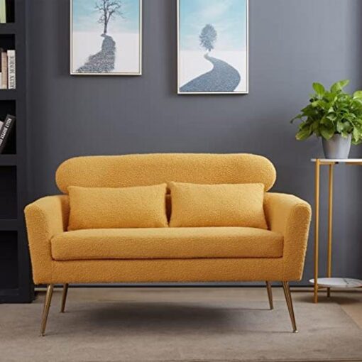 Betoko Small Couch Sofa Two Seater Loveseat Mini Room Couch with 2 Throw Pillows and Gold Metal Legs for Small Space Office Studio Apartments Bedroom, Yellow - Image 4