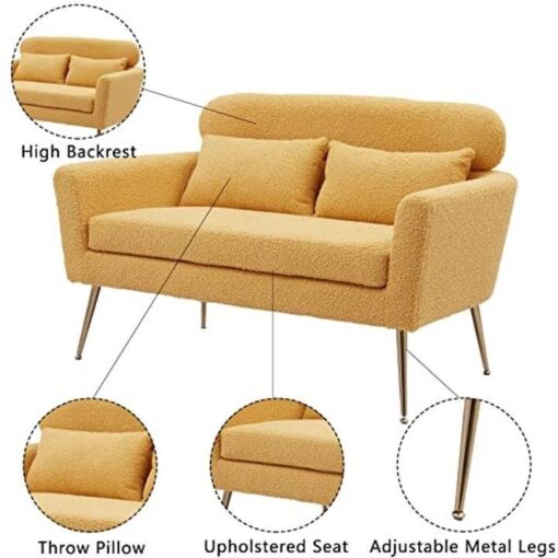 Betoko Small Couch Sofa Two Seater Loveseat Mini Room Couch with 2 Throw Pillows and Gold Metal Legs for Small Space Office Studio Apartments Bedroom, Yellow - Image 7
